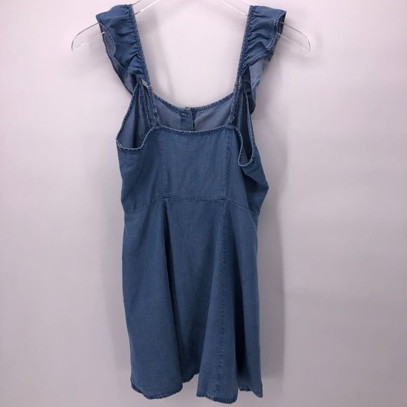 Forever 21 Small Mini Sundress Dress Ruffle Button Front Chambray Blue - Picture 9 of 15